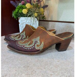 Old Gringo Burgundy Red, Rust & Green Studded Leather Western Cowgirl Mules 7